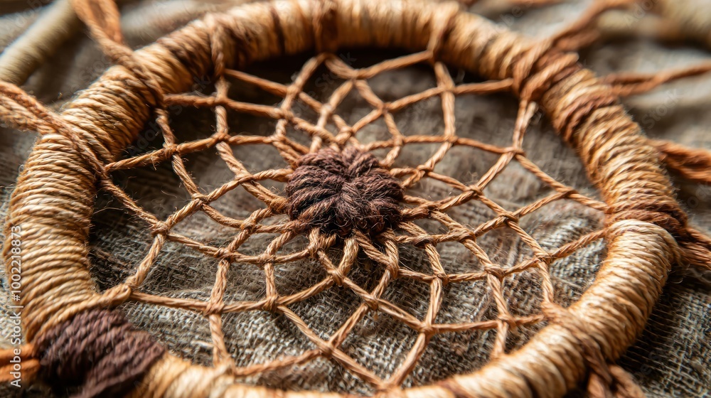 Aufkleber a woven circle used in a dreamcatcher, with threads and beads intertwined in a complex pattern.