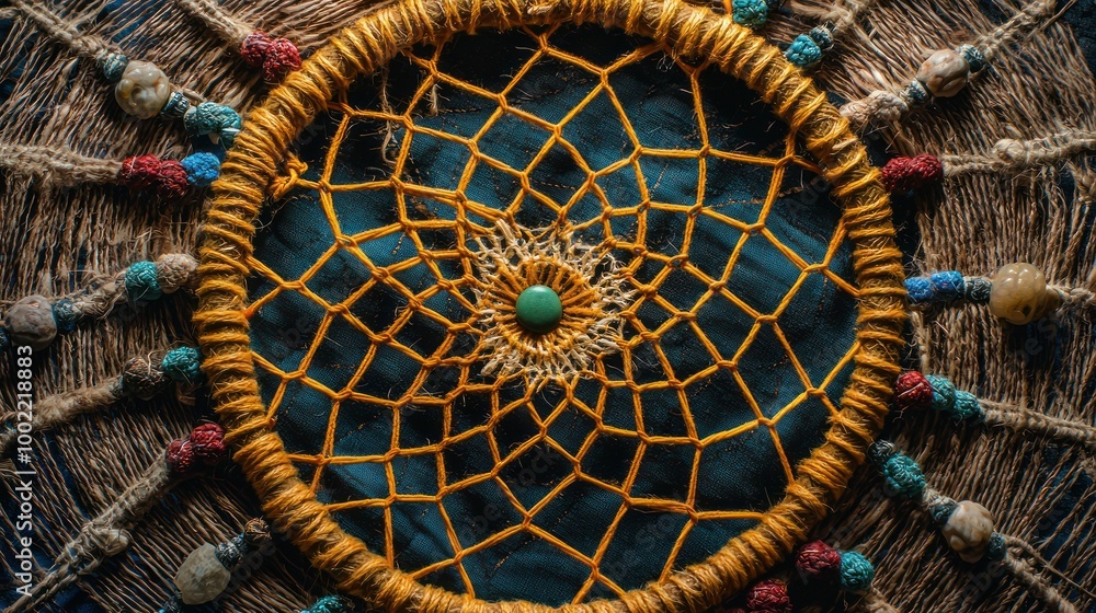 Aufkleber a woven circle used in a dreamcatcher, with threads and beads intertwined in a complex pattern.
