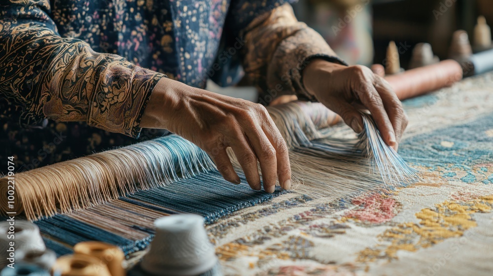 Poster a textile designer working on a new woven fabric, with threads and patterns laid out on a table.