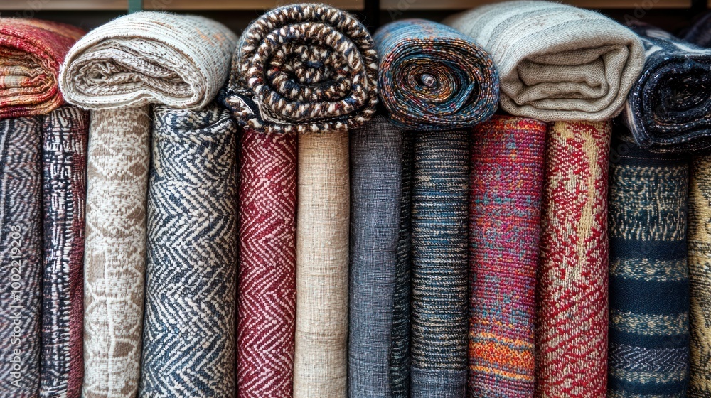 Poster a collection of woven textiles in different colors and patterns, displayed in a fabric store.