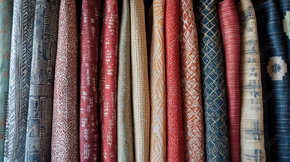 Aufkleber a collection of woven textiles in different colors and patterns, displayed in a fabric store.