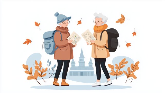 A cheerful elderly couple engaging in conversation while exploring outdoors, surrounded by autumn leaves and a scenic backdrop.