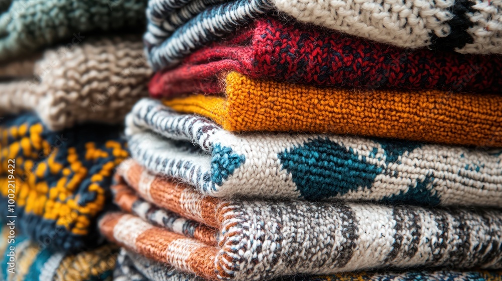 Poster a stack of woven blankets in various colors and patterns, ready for use on a chilly day.