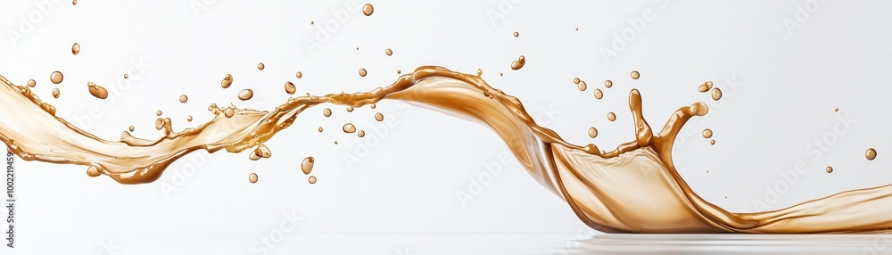 Poster a dynamic splash of brown liquid creating intriguing patterns and droplets against a white backgroun