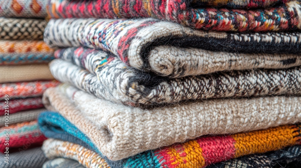 Poster a stack of woven blankets in various colors and patterns, ready for use on a chilly day.