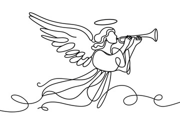 Vector linear image on white background, one line. Angel blowing a trumpet. angel with a trumpet in his hands