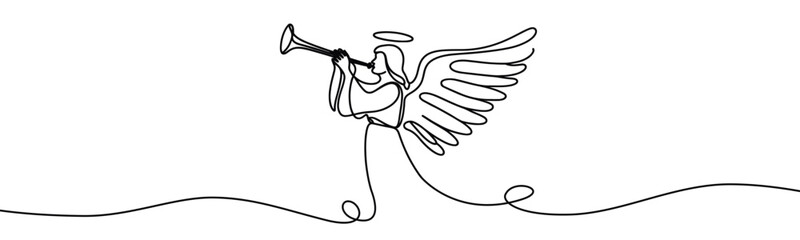 Vector linear image on white background, one line. Angel blowing a trumpet. angel with a trumpet in his hands © Olena Hnatiuk