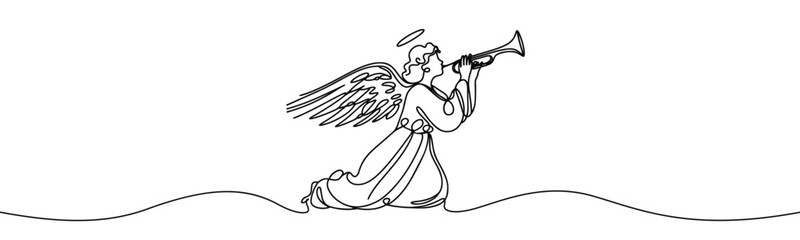 Vector linear image on white background, one line. Angel blowing a trumpet. angel with a trumpet in his hands