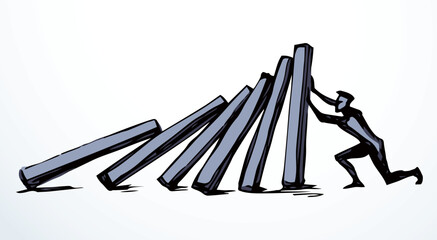 A man stops falling dominoes. Vector drawing