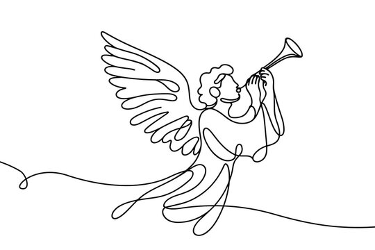 recommend clip art: Vector linear image on white background, one line. Angel blowing a trumpet. angel with a trumpet in his hands