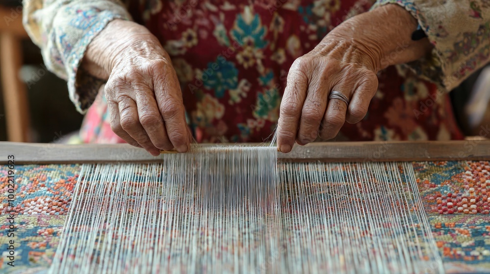 Poster A tapestry weaver working on a new piece, with threads and patterns in progress.