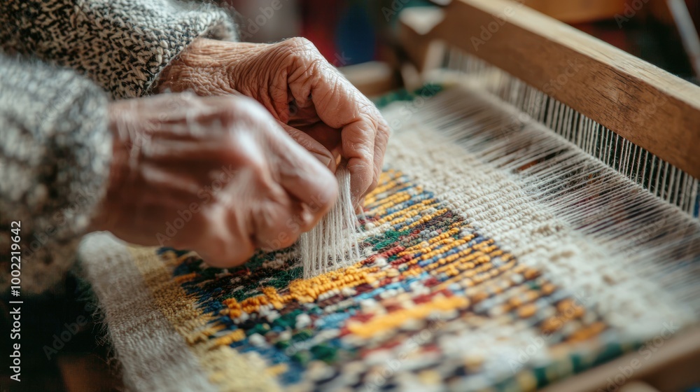 Poster a tapestry weaver working on a new piece, with threads and patterns in progress.