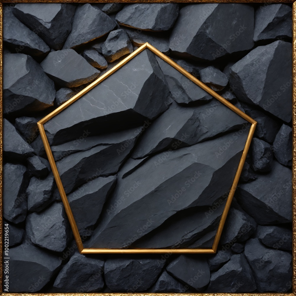 Poster pentagonal design framed in gold, set against a backdrop of large, angular black rocks. the interpla