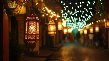 Obraz premium Ornate Lantern Hanging in Front of a Blurred Street Scene at Night