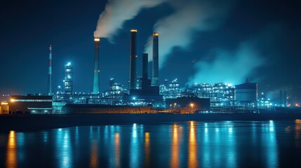 Industrial power plant at night with bright lights illuminating smokestacks and cooling towers, symbolizing energy production.