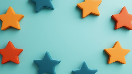 Fototapeta premium Vibrant Customer Satisfaction and Employee Testimonials: 3D Star Ratings and Positive Phrases in Speech Bubbles