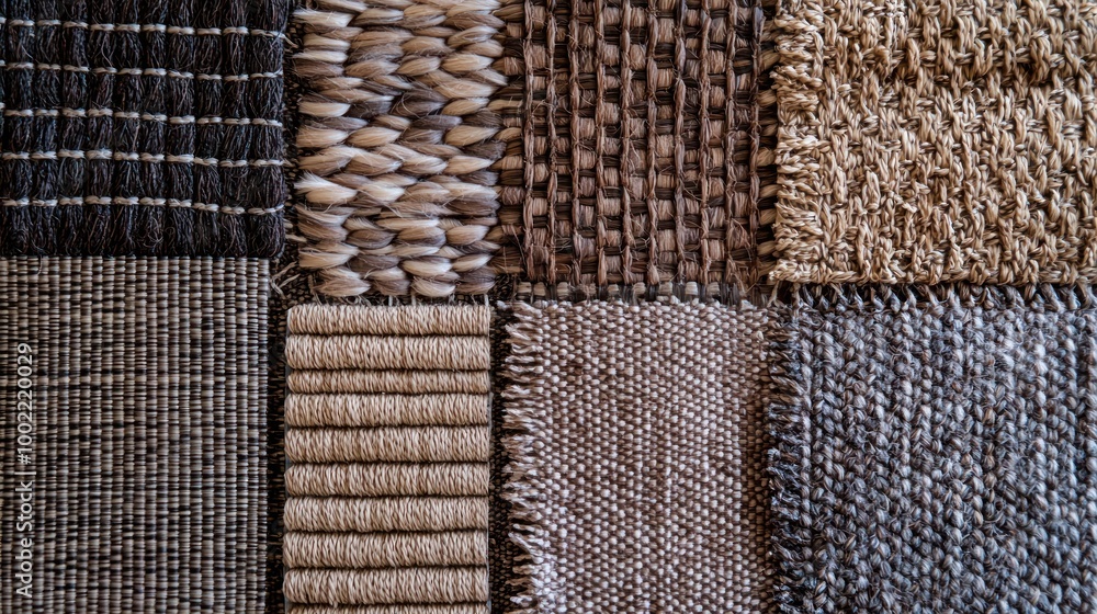 Poster a woven material sample board, displaying different types of weaves and patterns.