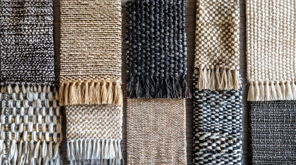 Aufkleber a woven material sample board, displaying different types of weaves and patterns.