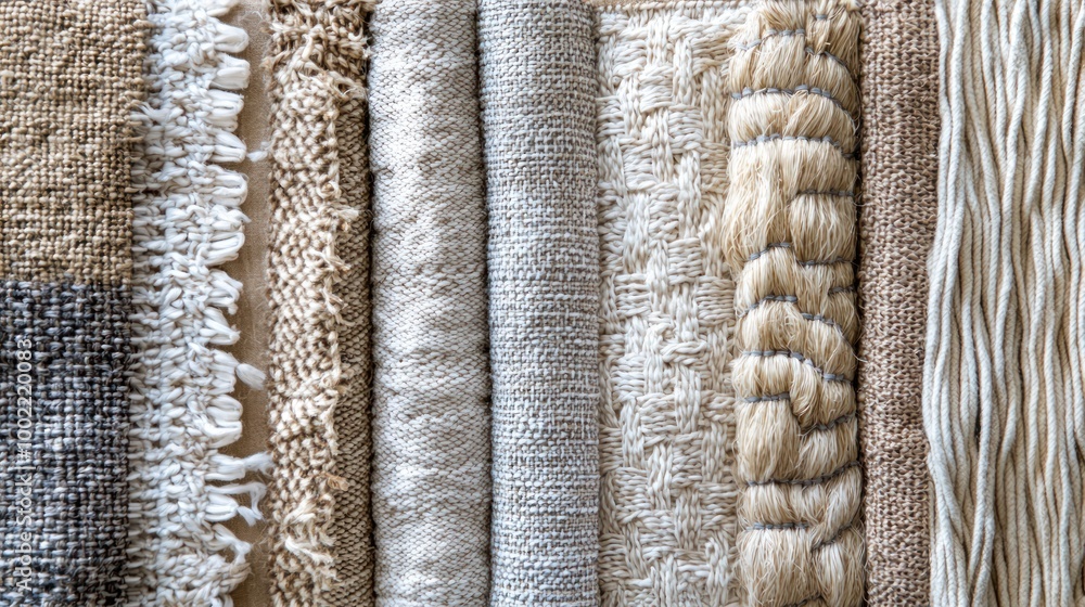 Poster a woven material sample board, displaying different types of weaves and patterns.