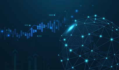 Obraz premium Abstract infographic visualization. Financial chart with uptrend line graphs and candlesticks. Futuristic network or business analytics. Graphic concept for your design.