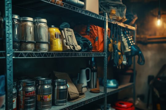 doomsday prepper shelves stocked with canned goods, water, and emergency supplies