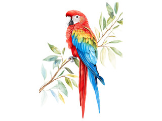 Obraz premium Vibrant Scarlet Macaw Watercolor Painting: A captivating portrayal of a scarlet macaw perched gracefully on a branch, its vibrant plumage and intricate details rendered in watercolor.
