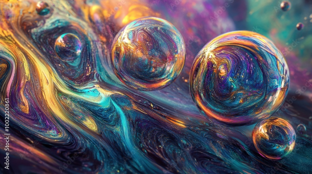 Poster lively abstract soap bubbles with dynamic swirling colors, adding vibrant energy to the background d