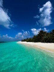 tropical island paradise with bright blue water on the beach with trees and clouds in the sky