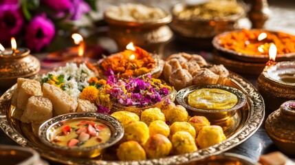 Assortment of Indian Sweets and Snacks on a Golden Platter