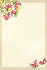 ザクロの水彩画と古紙テクスチャの背景イラスト　縦長デザイン