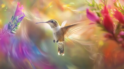Fototapeta premium Hummingbird flies above blossoms in the foreground; background features out-of-focus floral arrangements