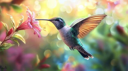 Fototapeta premium A hummingbird painting with a pink flower in the foreground and a blurred background