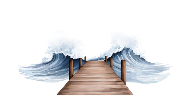 Waves crashing against a pier during a storm, the force of the water bending the wooden beams