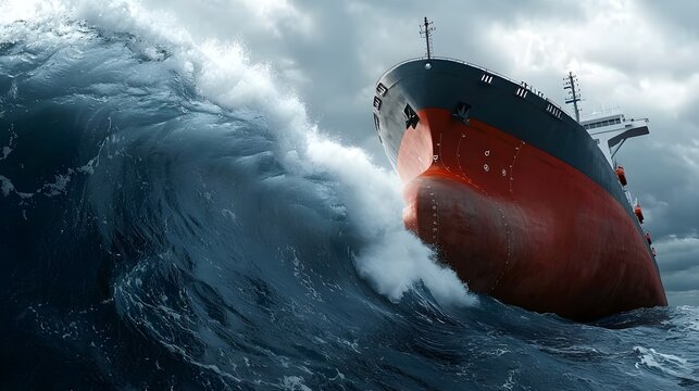 Waves crashing into the hull of a ship at sea, the immense power of the water threatening to capsize it
