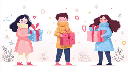 Fototapeta premium Three cheerful individuals holding colorful gift boxes, celebrating a joyful occasion, dressed in cozy winter clothes, surrounded by festive decorations.