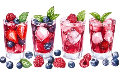 Mixed berry soda with ice cubes, decorated with strawberries, raspberries, and blueberries, mint leaves for garnish, vibrant and refreshing summer vibe