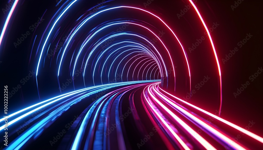 Poster neon light streaks in bold colors creating depth and perspective in a high-tech tunnel, representing