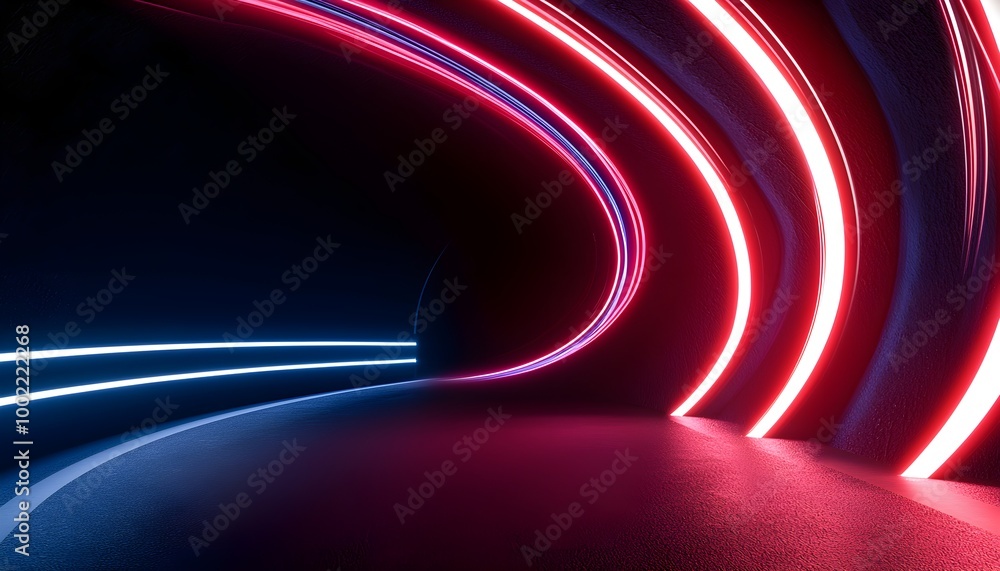 Poster neon light streaks in bold colors creating depth and perspective in a high-tech tunnel, representing