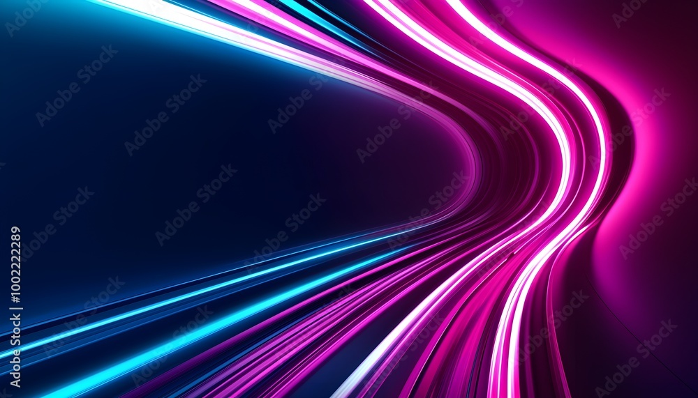 Poster neon light streaks in bold colors creating depth and perspective in a high-tech tunnel, representing