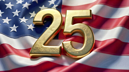 USA 2025 American flag Happy New Year background, Golden Text 25 on USA Flying Flag