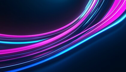 Neon light streaks in vibrant pink and blue curving gracefully on a dark background, representing speed and digital flow, futuristic energy