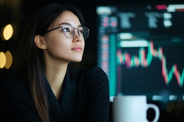 A young finance analyst working late in the office. She is analyzing data and sipping coffee to stay focused, Generative AI