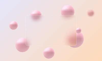 Glass morphism website landing page template. Horizontal presentation screen with glass overlay effect on gradient spheres.