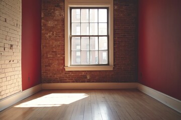 Obraz premium Minimalistic interior design of an empty room with red brick walls and large window