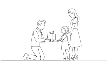 Continuous one line drawing of father and mother giving present to daughter, children's birthday concept, single line art.