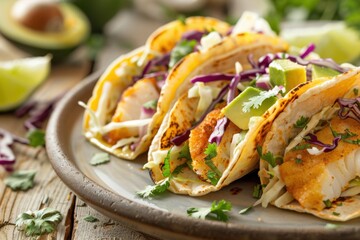A plate of crispy fish tacos with cabbage slaw, avocado, and lime wedges, served on a rustic wooden table. Copy space 