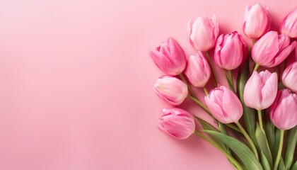 Beautiful composition spring flowers. Bouquet of pink tulips flowers on pastel pink background