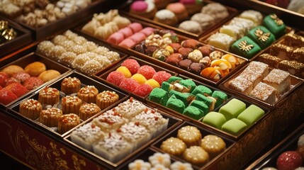 Luxurious containers filled with festival sweets from different countries, creating a rich and festive display.