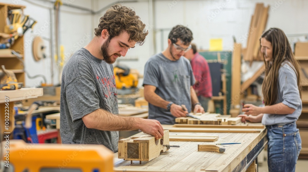 Aufkleber students working on woodworking projects in a classroom environment, with guidance from an instructo