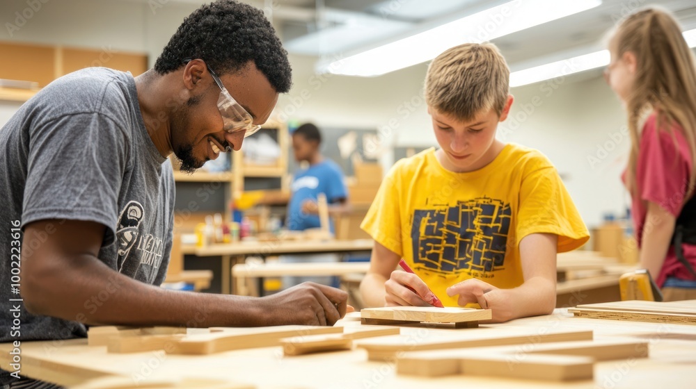 Poster students working on woodworking projects in a classroom environment, with guidance from an instructo